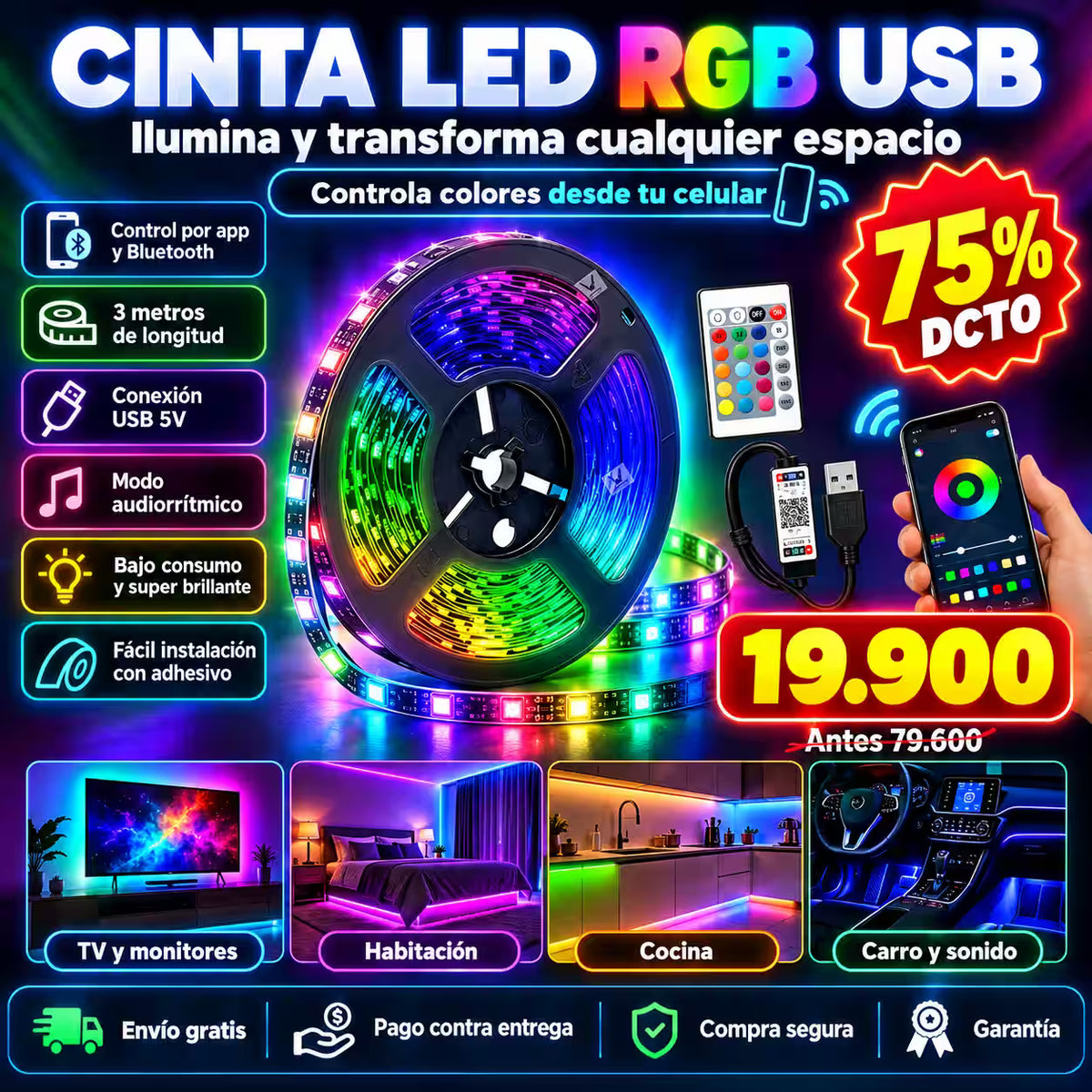 Cinta LED RGB USB de 3 Metros con Bluetooth