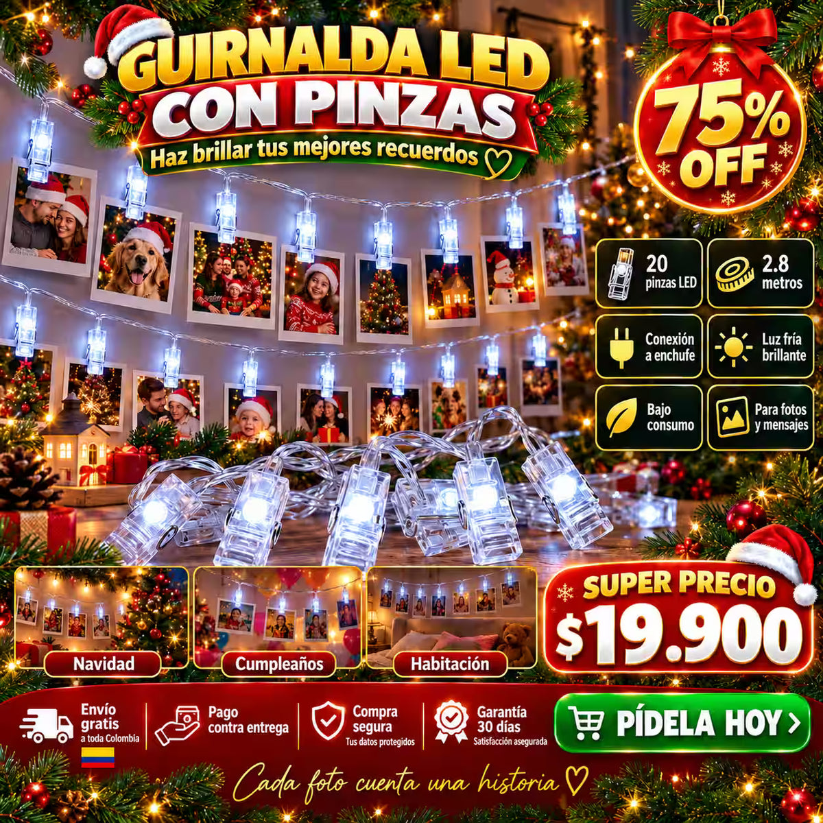 Guirnalda LED con Pinzas para Fotos — 20 Luces + 2.8 Metros